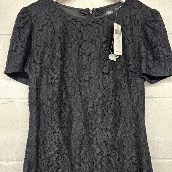 New NWT Sz 10 Ralph Lauren Black Lace Dress Appliqué Shift Work Career S/slv - Picture 2 of 4